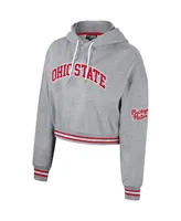 Women's The Wild Collective Heather Gray Distressed Ohio State Buckeyes Cropped Shimmer Pullover Hoodie