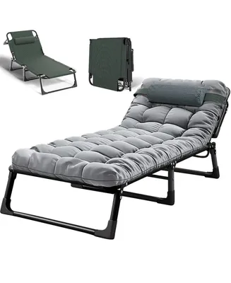 Adjustable 4-Position Folding Lounge Chair, Camping Cot Bed with Pillow & Thicked Mattress