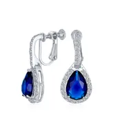 Bling Jewelry 7CT Style Halo Royal Blue Cubic Zirconia Cz Dangle Drop Teardrop Screw Back Clip On Earrings smaid Rhodium Plated