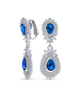 Bling Jewelry Fashion Art Deco Style Teardrop Shaped Halo Aaa Cubic Zirconia Clear Royal Blue Statement Elegant Chandelier Clip On Earrings Prom