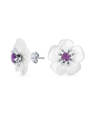White Mother Of Pearl Mop Flower Amethyst Gemstone Accent Stud Earrings For Women .925 Sterling Silver