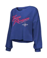 Women's Majestic Threads Royal Texas Rangers 2023 World Series Champions Off-Shoulder Script Cropped Long Sleeve V-Neck T-shirt