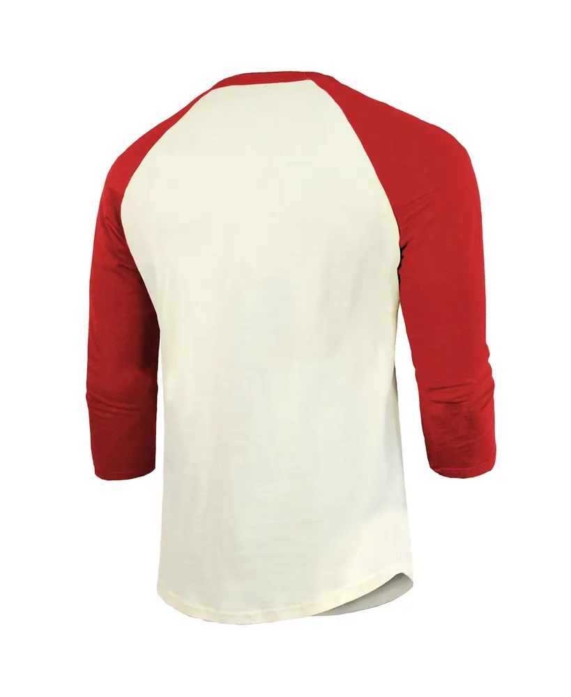 Men's Majestic Threads Cream, Red Distressed Texas Rangers 2023 World Series Champions Raglan 3/4-Sleeve T-shirt