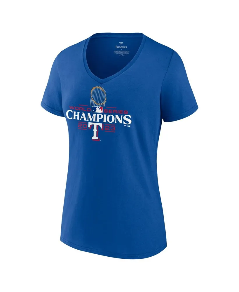 Women's Fanatics Royal Texas Rangers 2023 World Series Champions Plus Trophy Logo V-Neck T-shirt