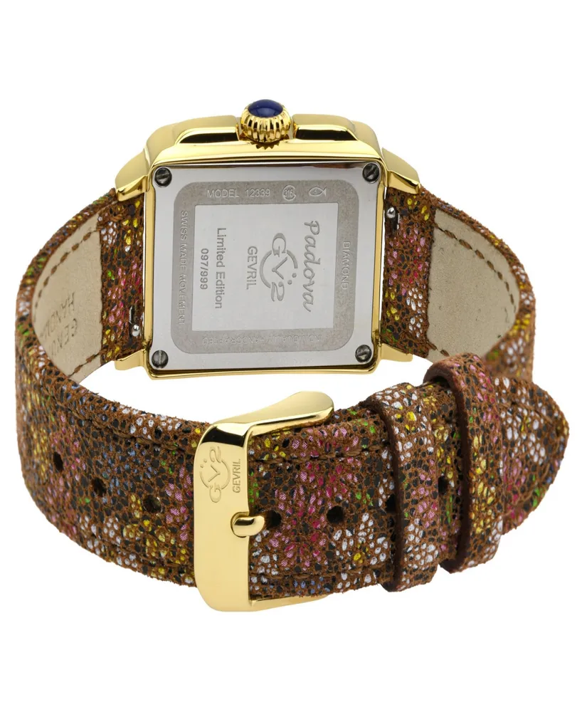 GV2 by Gevril Women's Padova Gemstone Floral Women's Brown Leather Watch 30mm