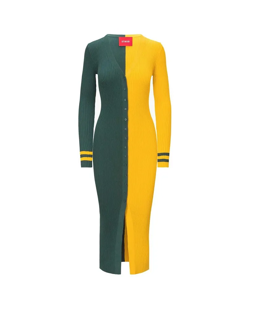 Women's Staud Green, Gold Green Bay Packers Shoko Knit Button-Up Sweater Dress