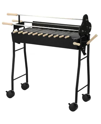 Outsunny Portable Charcoal Bbq Grills Steel Rotisserie Outdoor Cooking Height Adjustable with 4 Wheels Large / Small Skewers Portability for Patio, Ba