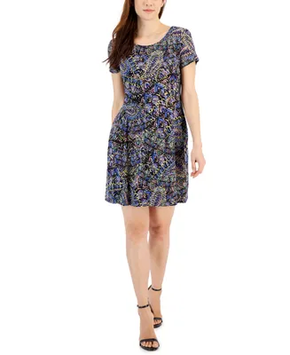 Connected Petite Printed Round-Neck Fit & Flare Dress