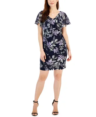 Connected Petite Printed V-Neck Popover Sheath Dress
