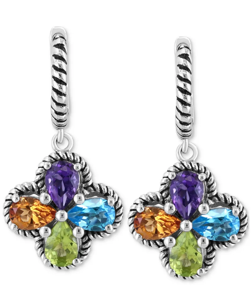 Effy Multi-Gemstone Flower Dangle Drop Earrings (3-1/3 ct. t.w.) in Sterling Silver