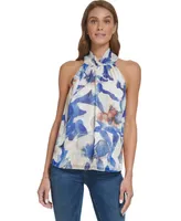 Dkny Petite Printed Sleeveless Halter-Neck Blouse