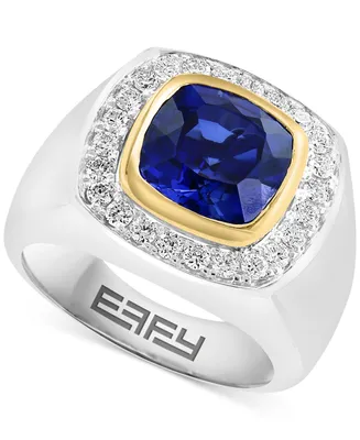Effy Men's Lab Grown Sapphire (2-1/5 ct. t.w.) & Lab Grown Diamond (5/8 ct. t.w.) Halo Ring in 14k Two-Tone Gold