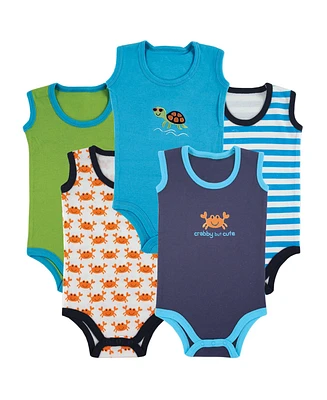 Luvable Friends Baby Boys Cotton Sleeveless Bodysuits 5pk, Crab, 12-18 Months