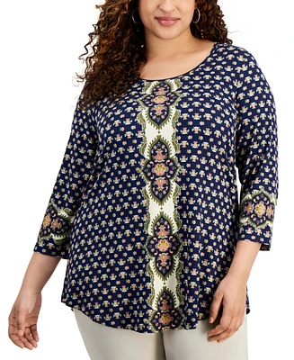Jm Collection Plus Printed Scoop-Neck 3/4-Sleeve Top, Creted for Macy's