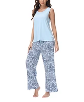 Echo Women's Solid 2 Piece Tank Top with Printed Wide Pants Pajamas Set