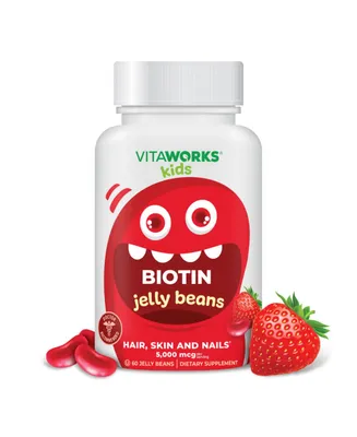 VitaWorks Kids Biotin 5,000 mcg Jelly Beans - Hair Skin And Nails Vitamins - Tasty Natural Strawberry Blast Flavor - 60 Jellies
