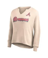 Women's Fanatics Cream Distressed Atlanta Braves Go For It Waffle Knit Long Sleeve Notch Neck T-shirt