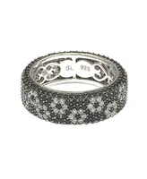 Suzy Levian New York Sterling Silver Cubic Zirconia White & Black Pave Flower Eternity Band Ring