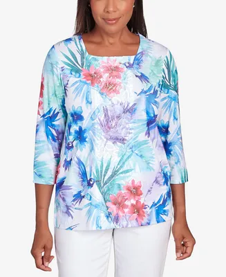 Alfred Dunner Petite Classic Brights Tropical Birds Lace Paneled Top