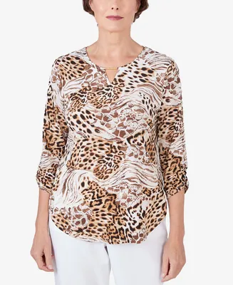 Alfred Dunner Petite Classic Puff Print Mixed Animal Split Neck Top
