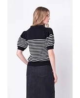 Women's Stripe Short Puff Sleeve Sweater