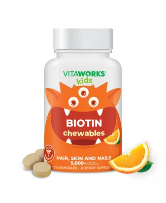 VitaWorks Kids Biotin 5000mcg Chewable Tablets - Tasty Natural Orange Flavor - Gmo-Free, Gluten Free, Nut Free - Dietary Supplement