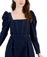 Avec Les Filles Women's Puff Sleeve Cotton Denim A-Line Dress