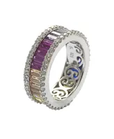 Suzy Levian Sterling Silver Multicolor Rainbow Cubic Zirconia Baguette Eternity Band Ring