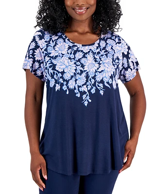 Jm Collection Plus Floral-Print Short-Sleeve Top, Created for Macy's