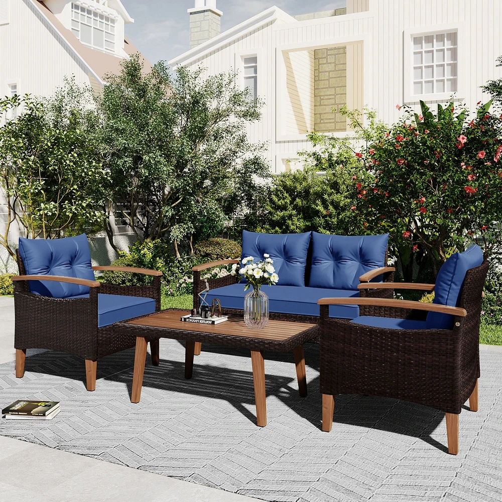 Simplie Fun 4-Piece Garden Furniture, Patio Seating Set, Pe Rattan Outdoor Sofa Set, Wood Table And Legs