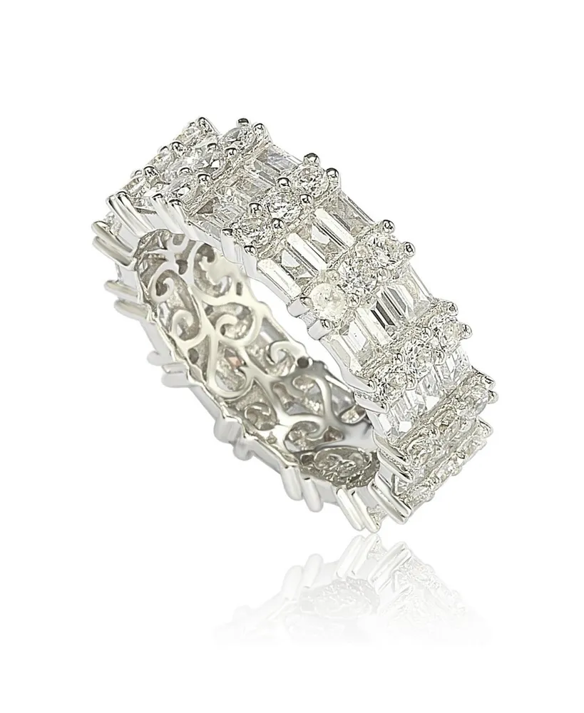 Suzy Levian New York Sterling Silver Cubic Zirconia White Baguette Modern Eternity Band Ring