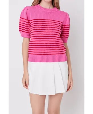 Women's Stripe Short Puff Sleeve Sweater