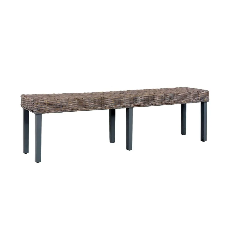 Bench 63" Gray Natural Kubu Rattan and Solid Mango Wood