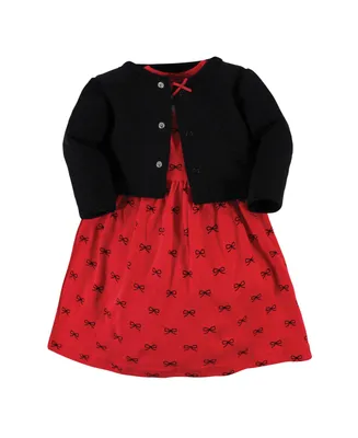 Hudson Baby Toddler Girls Quilted Cardigan 2pc set and Dress, Red Black Bows