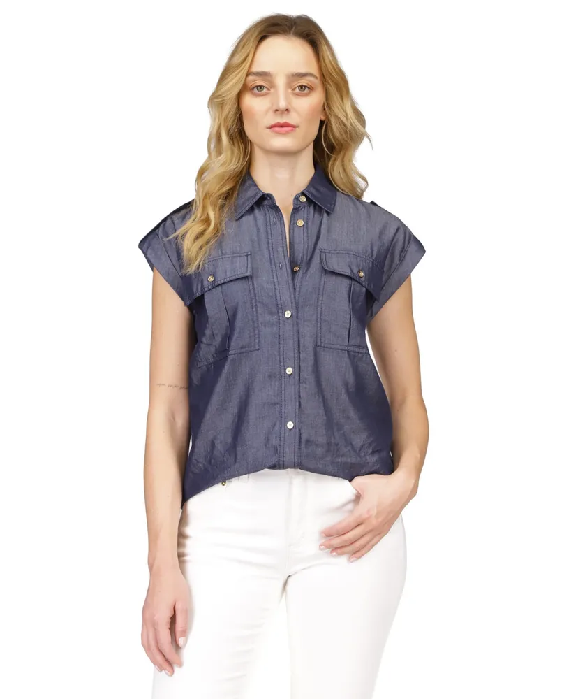 Women's Short Sleeve Button Down Denim Chambray Shirt Plus Size V Neck  Blouses Western Snap Front Jeans Shirts Tops at Amazon Women's Clothing  store