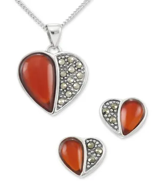 2-Pc. Set Marcasite (1/4 ct. t.w.) & Red Cubic Zirconia Heart Pendant Necklace & Matching Stud Earrings in Sterling Silver