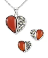 2-Pc. Set Marcasite (1/4 ct. t.w.) & Red Cubic Zirconia Heart Pendant Necklace & Matching Stud Earrings in Sterling Silver