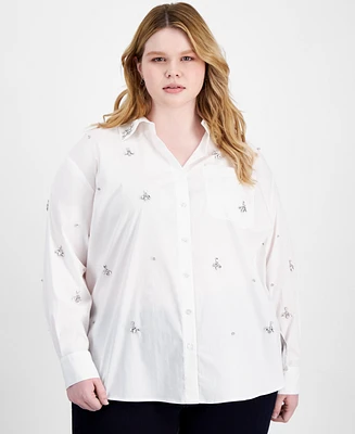 I.n.c. International Concepts Plus Rhinestone-Embellished Button-Down Shirt, Created for Macy's