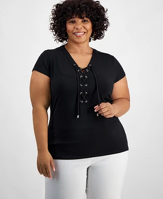 I.n.c. International Concepts Plus Lace-Up-Neck Short-Sleeve Top, Created for Macy's