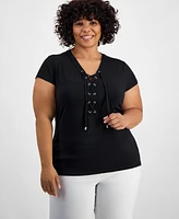 I.n.c. International Concepts Plus Lace-Up-Neck Short-Sleeve Top, Created for Macy's