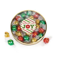 Christmas Candy Gift Tin with Chocolate Lindor Truffles by Lindt Large Plastic Tin with Sticker By Just Candy - Joy - Assorted pre