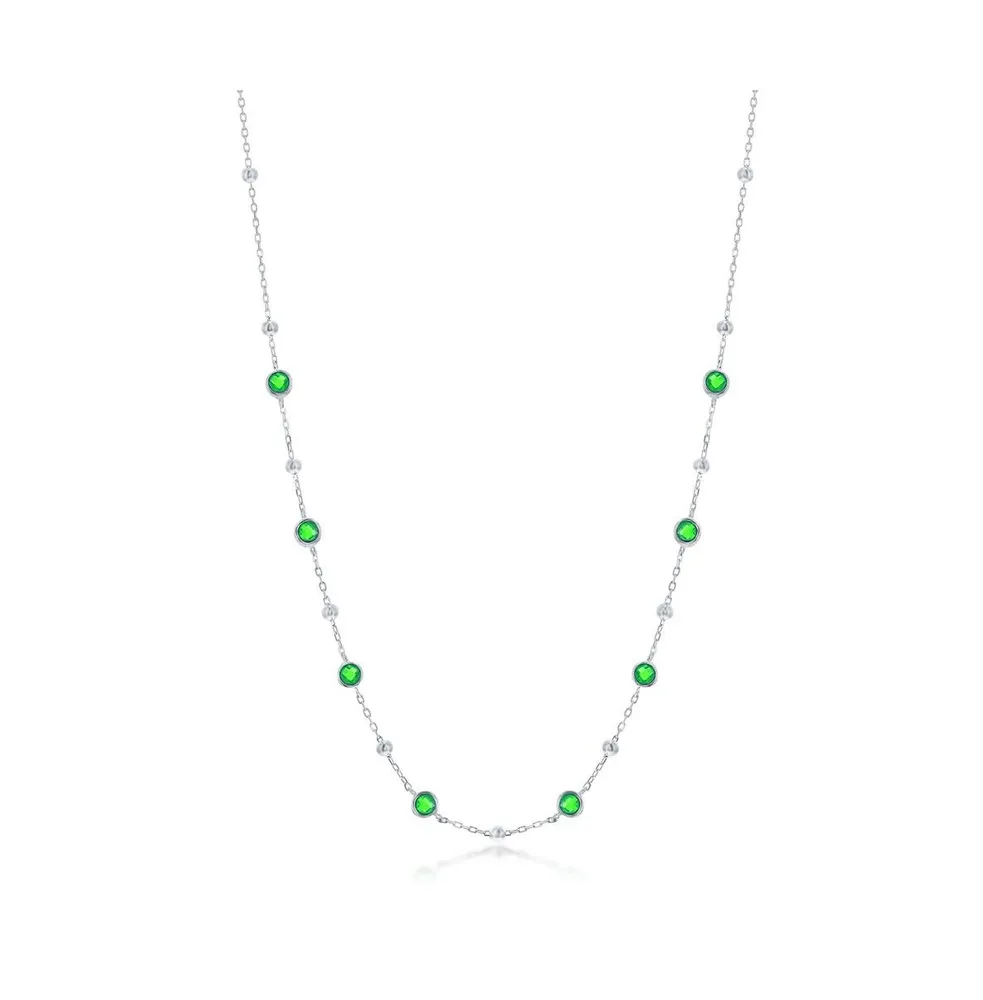 Sterling Silver Bezel-Set Cz & Bead Station Necklace (White, Green, Blue