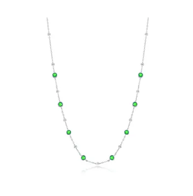 Sterling Silver Bezel-Set Cz & Bead Station Necklace (White, Green, Blue