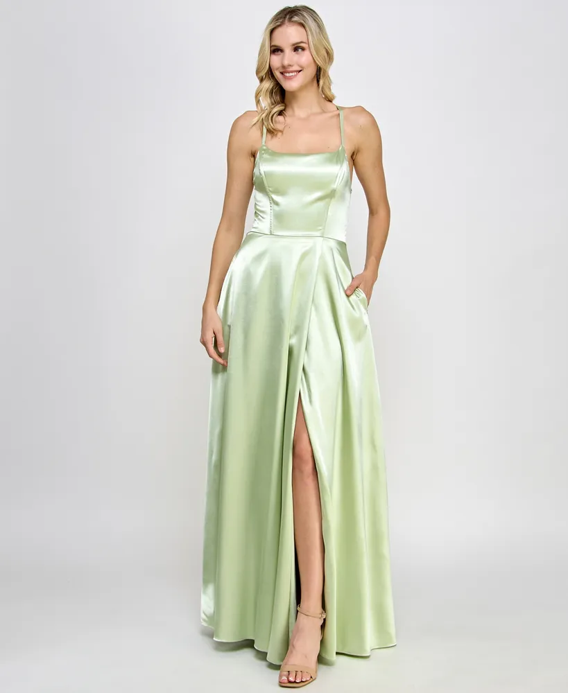 Speechless Juniors' Satin Front-Slit Lace-Up Gown, Created for Macy's
