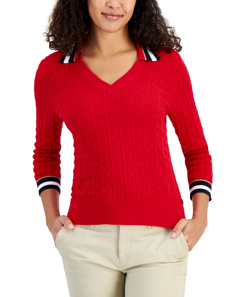 Tommy Hilfiger Women's Cotton Striped-Collar Cable-Knit Sweater