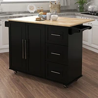 Kitchen Island With Spice Rack, Towel Rack And Extensible Solid Wood Tabletop-Black