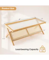 Bamboo Coffee Table 48'' 2-Tier Glass Tabletop Handwoven Rattan Storage Shelf