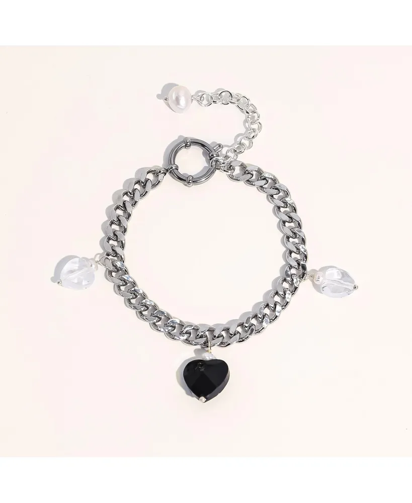 Robyn Black Heart Charm Freshwater Pearl Silver Bracelet For Women