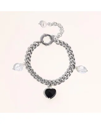 Robyn Black Heart Charm Freshwater Pearl Silver Bracelet For Women