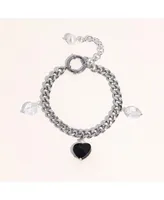 Robyn Black Heart Charm Freshwater Pearl Silver Bracelet For Women